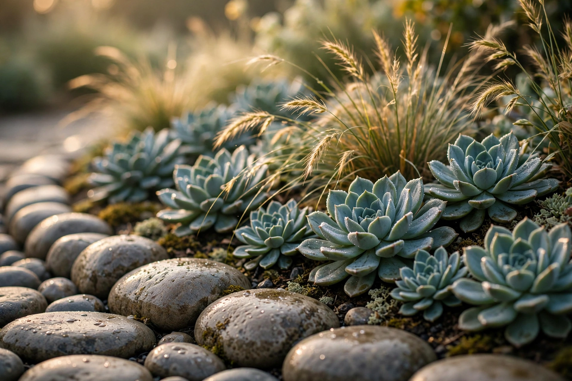 Detailed stonework and succulent landscape bed